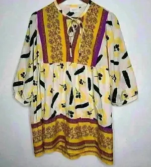 Melloday Boho Colorful Floral Tunic with tie neck Sz‎ L thumbnail 1