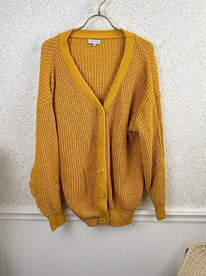 Qualfort Mustard Yellow 100% Cotton Button-Down Cardigan Sweater - Size - Large thumbnail 1