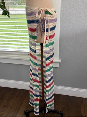 Pretty Little Thing Crochet Maxi Skirt with Multicolor Stripes Size XL Beach Cover Up thumbnail 2