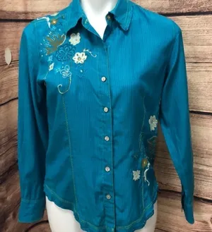 Chico’s button down embroidered collared silk blouse thumbnail 1