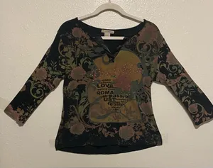 Susan Lawrence Earthy Embellished Dahlia Top | Studded Boho Floral Shirt | L thumbnail 1