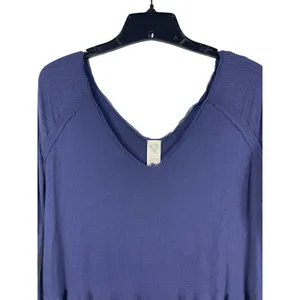 Free People We The Free Blue Ribbed Peplum Top Oversized XS Boho Raw Hem L Vneck thumbnail 2