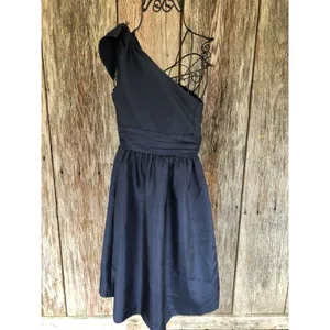 Jenny Yoo 6 Navy Blue Crinkle empire waist one shoulder Knee Length Prom‎ dress thumbnail 2