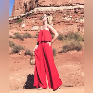 Free People Gia Red Crepe‎ Strapless Flounce Top & Wide Leg Pants Set Size Small thumbnail 6