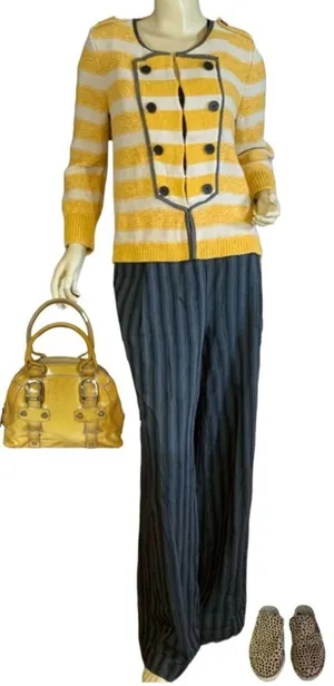 Loft Mustard Yellow, Beige & Gray Striped Cotton Cardigan Sweater (M) thumbnail 1