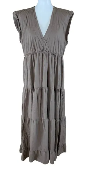 Sofia Made In Italy Taupe V Neck Tiered Maxi Dress Boho Chic Flowy‎ Cotton M thumbnail 1