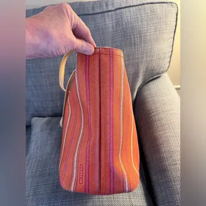 Coach Vintage Striped Orange& Pink Tote Bag with tan leather handles. Zip top thumbnail 11