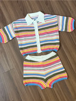 Crochet Two-Piece Striped Tank & Cardigan Set - Multicolor thumbnail 1