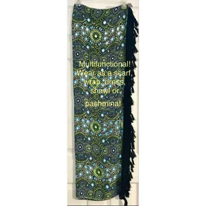 Wayan Natural Wear Sarong Cover Up Lime Green Blue Mandala Fringe Scarf Festival thumbnail 2