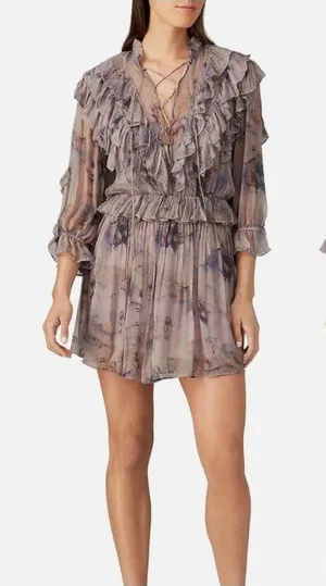 IRO Banon Floral Mauve Mini Blouson Ruffle Lace Up V-neck Dress 42 US 10 thumbnail 1