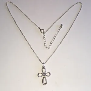 Silver Tone Flower Cross Rhinestone Pendant Necklace thumbnail 2