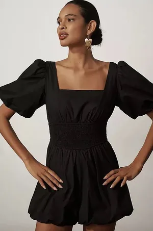 Anthropologie Maeve Puff Sleeve Smocked Romper XS Black Square-Neck Bubble Hem thumbnail 1