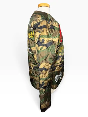 First Row Camo Quilted Bomber Jacket Bulldog Embroidered Patches Small thumbnail 4