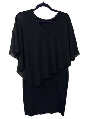 Black V-Neck Dress Capelet Overlay Cocktail Party‎ Goth Witchy Vamp Modest Small thumbnail 1