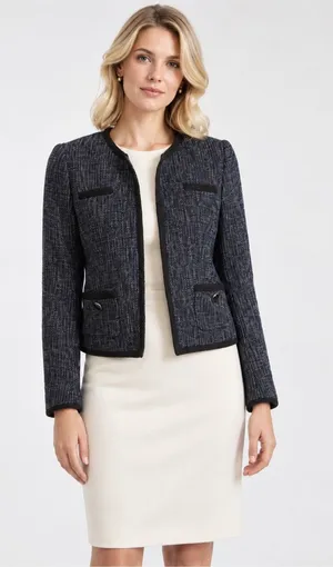 Hobbs London Navy Tweed Boucle Collarless Cropped Jacket Blazer US 8 thumbnail 1