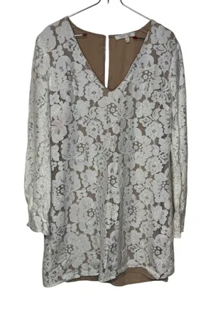 Wayf Women‎ Blouse Sheer Lace Floral V-Neck 3/4 Sleeve Nude Lining Ivory Medium thumbnail 1