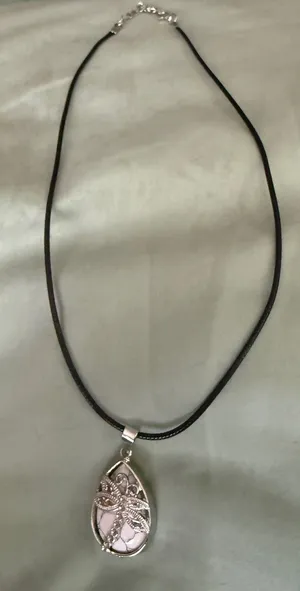 Silver Dragonfly Teardrop Pendant Necklace - Black Cord thumbnail 1