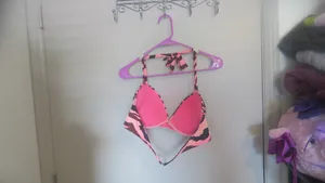 Victoria's Secret halter designed bikini bra top in pink, brown and black size 38C. thumbnail 4