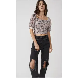 Free People Back on‎ Top Crop Smocked Shirt Blouse Puff Sleeve Size M NWT thumbnail 3
