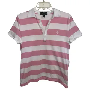 Y2K Lauren Active Ralph Lauren Pink White Stripe Polo Crest Preppy Golf L thumbnail 1