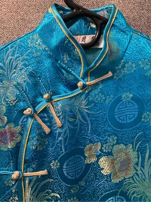 Yuexuan Qipao Dress Shanghai Style Blue Gold Floral Satin Mandarin Collar Y2K thumbnail 13