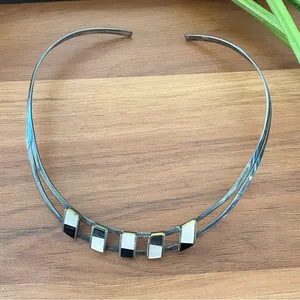 Sterling Silver 925 Gunmetal Onyx/Mother of Pearl Cuff Choker Collar Necklace thumbnail 1