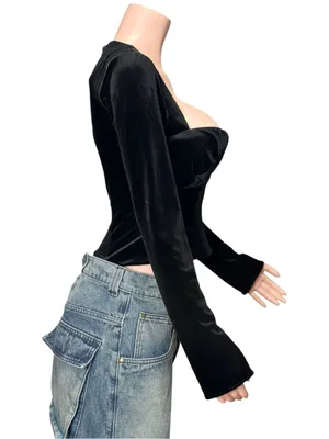 HOUSE OF CB Sierra Long Sleeve Plunge Corset, Black Velvet, Small thumbnail 8