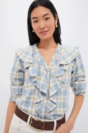 Tuckernuck NWT Blue V Neck Ruffle Eileen Button down women’s size XXL thumbnail 1