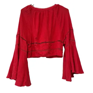 Free People Boho Bell-Sleeve Peasant Top Blouse Red Lace Inset Tie Neck – Size M thumbnail 3