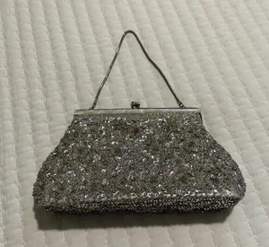 Women’s Beaded Bead Sequin Hand Bag Evening Purse Silver Tone - Needs TLC thumbnail 1