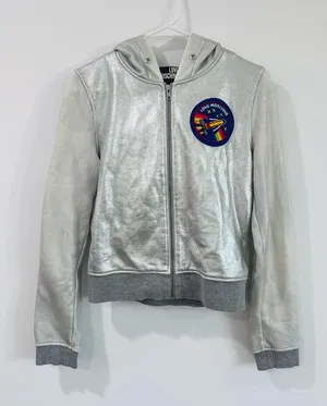 Love Moschino y2k Metallic Silver Hooded Jacket with Colorful Space Patch thumbnail 1