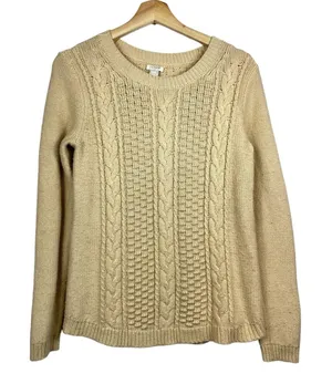 J. Crew Womens Sweater Sz S Tan Beige Fisherman Cable‎ Knit Wool Blend Crew Neck thumbnail 1