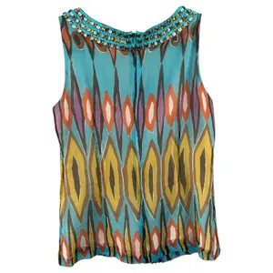 Tory Burch Embellished‎ Beaded Silk Tribal Print Sleeveless Top Blouse Size 6 thumbnail 2