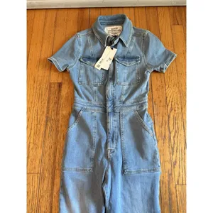 ZARA X Good American ZW Denim Sculpting Jumpsuit Flare Leg, Size 2 thumbnail 4