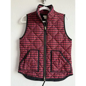 J.Crew Down Puffer Vest Womens Small Black‎ Red Gingham Printed Quilted Full Zip thumbnail 2