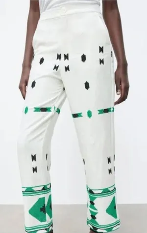 Zara White‎ & Green Geometric Embroidered Linen Pants Small Coastal Bohemian thumbnail 1