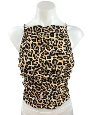 H&M Beige Black Leopard High Neck Sleeveless Smocked Crop Tank Top Size Ma thumbnail 1