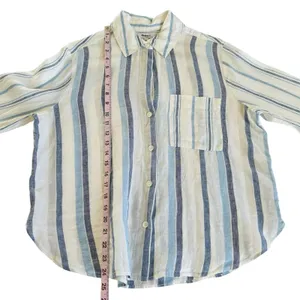 Madewell Linen Easy Y-Neck Button Up Shirt in Blue Mixed Stripe Women’s Small thumbnail 5