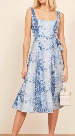 Reformation Blue Linen Tie-Dye Midi Dress M thumbnail 1