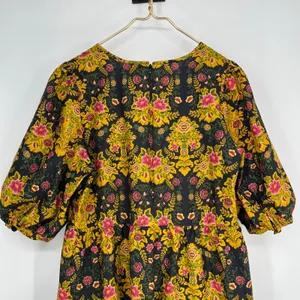 Farm Rio Arabesque Floral Mini Dress Puff Sleeve Tiered Black Yellow Large thumbnail 11