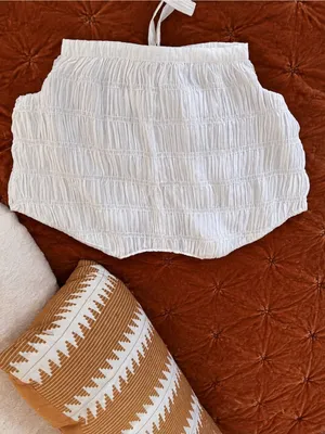 Boheme Alma Smocked SS Blouse White Boxy Summer Buttons Crisp Boho NWT thumbnail 8