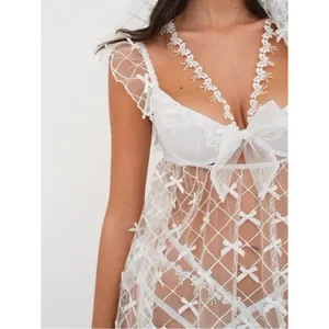 NWT FOR LOVE & LEMONS Fiorella White Bow Sheer Slip Dress Bridal Romantic Sz M thumbnail 2