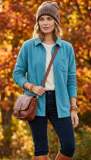 L.L. Bean Women L Large Fleece Button Front Shirt Jacket Blue Pocket Shacket thumbnail 1