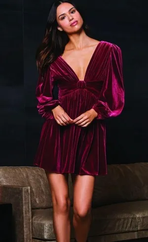 NWT Mariah V-Neck Burgundy Velvet A-Line Dress thumbnail 3