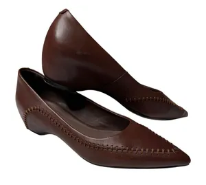 Handmade Brown Leather Pointed Toe Flats Size 6.5 (230) Whipstitch Low Heel thumbnail 1