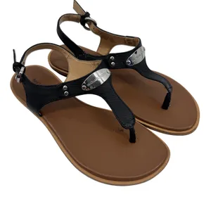 Michael Kors Women's MK Plate Logo Thong Flat Sandal Black Leather Size 6‎ thumbnail 1