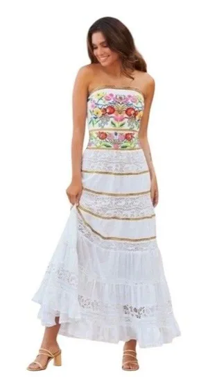 Boston Proper Maxi Dress Sz L Sequin And Embroidered Lace Insert Tiered Peasant thumbnail 1