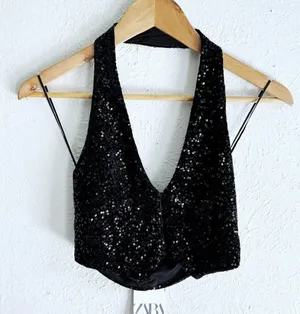 Zara Sequin Halter Vest Top Black Sz XS NWT thumbnail 1