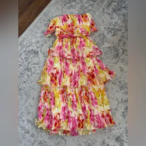 Lulus Nessa Yellow and Pink Abstract Plisse Tiered Midi Dress size XL NWT Beach thumbnail 4