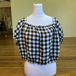 Madewell Puff Sleeve Button Front Crop Top Gingham Linen‎ Blend Black White XL thumbnail 2